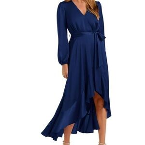 Women's Long Sleeve Wrap V Neck Maxi Dress High Low Style